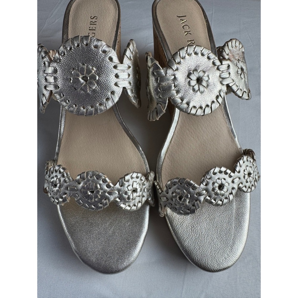 Jack Rogers Lauren Mid Wedge Cork Sandals Platinum Metallic Womens 9.5M NIB